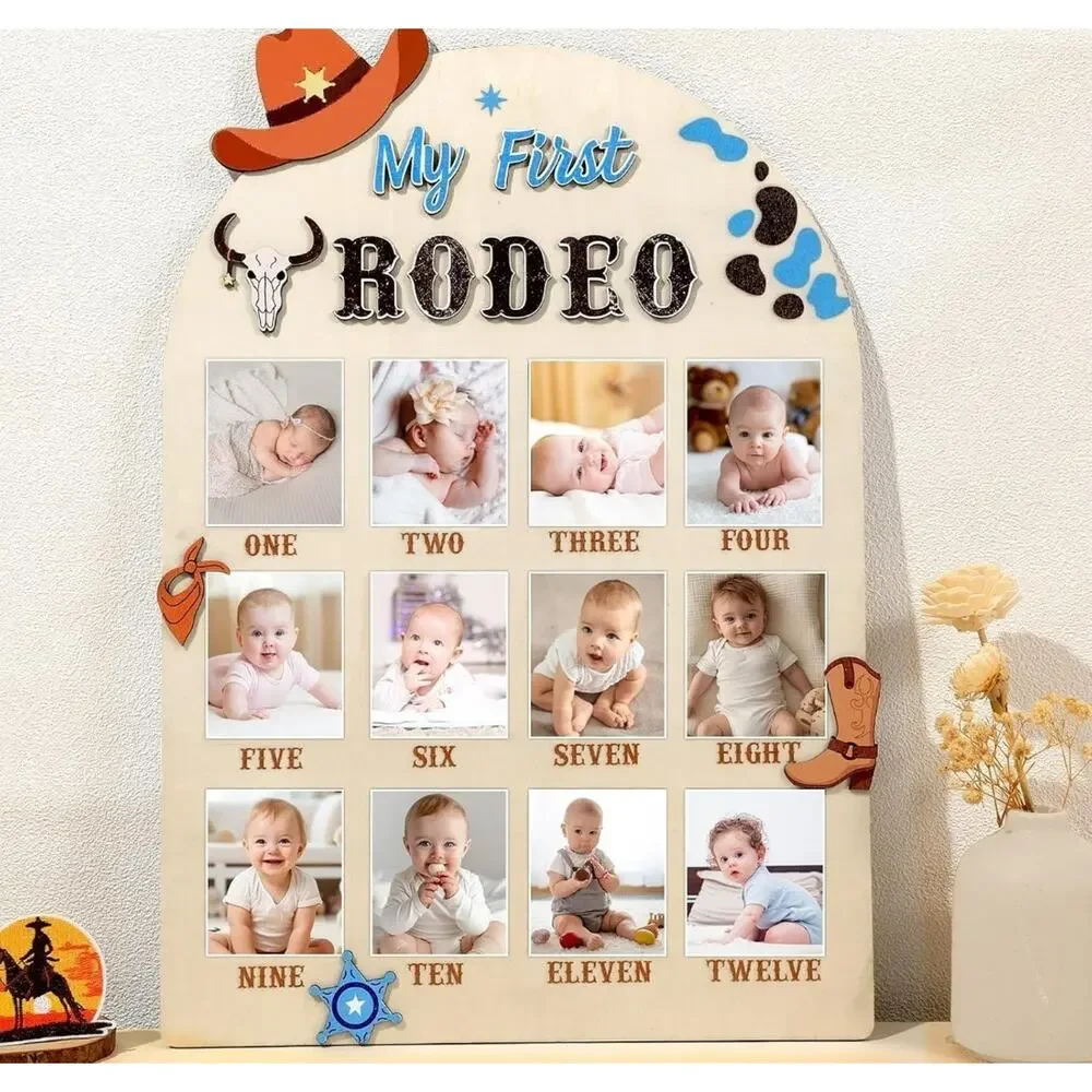 My First Rodeo Photo Board Cowboy Cowgirl Birthday Party Wooden Board Decor 12 M